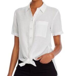 Theory Classic White Button-Down Linen Tie-Front Shirt